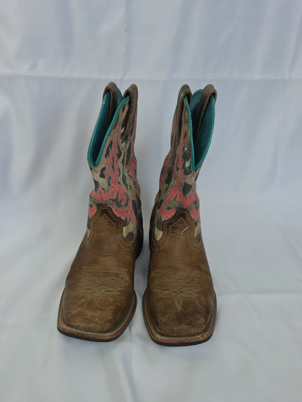 ARIAT Kid's Lonestar Western Cowgirl Pull On Mid-Calf Teal Pink Stitched Boots 1
